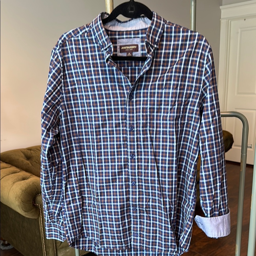 Men's Blue and Brown Casual Button Down with Button Collar